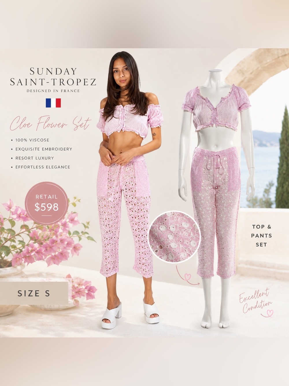 Sunday Saint-Tropez Luxury Resort Wear Set Pink Embroidered Top Pants S Vacation